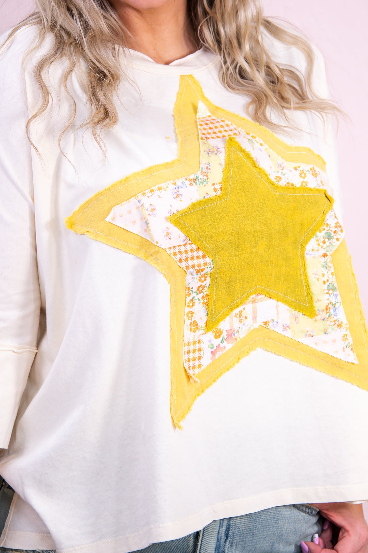 Ready To Shine Cream/Multi Color Floral/Star Patchwork Top - T9263CR