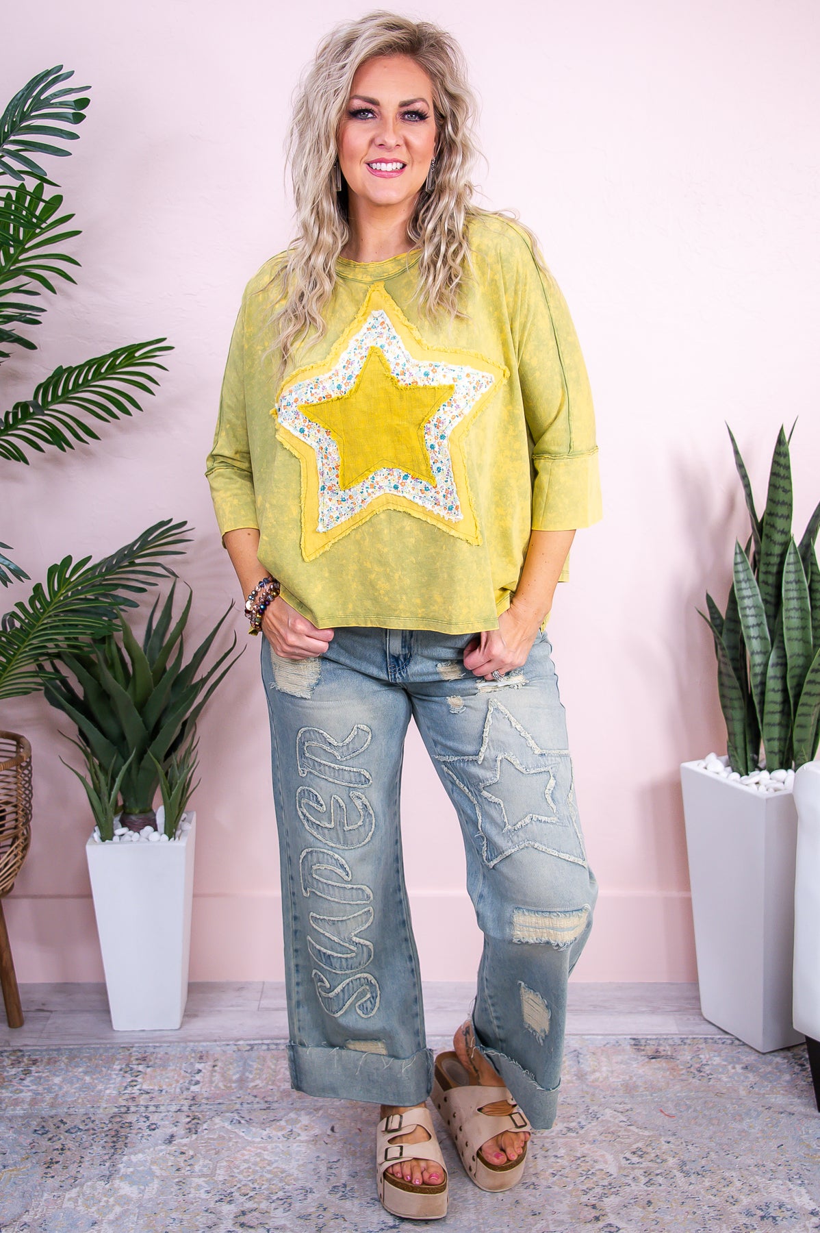 Ready To Shine Olive/Multi Color Floral/Star Patchwork Top - T9261OL