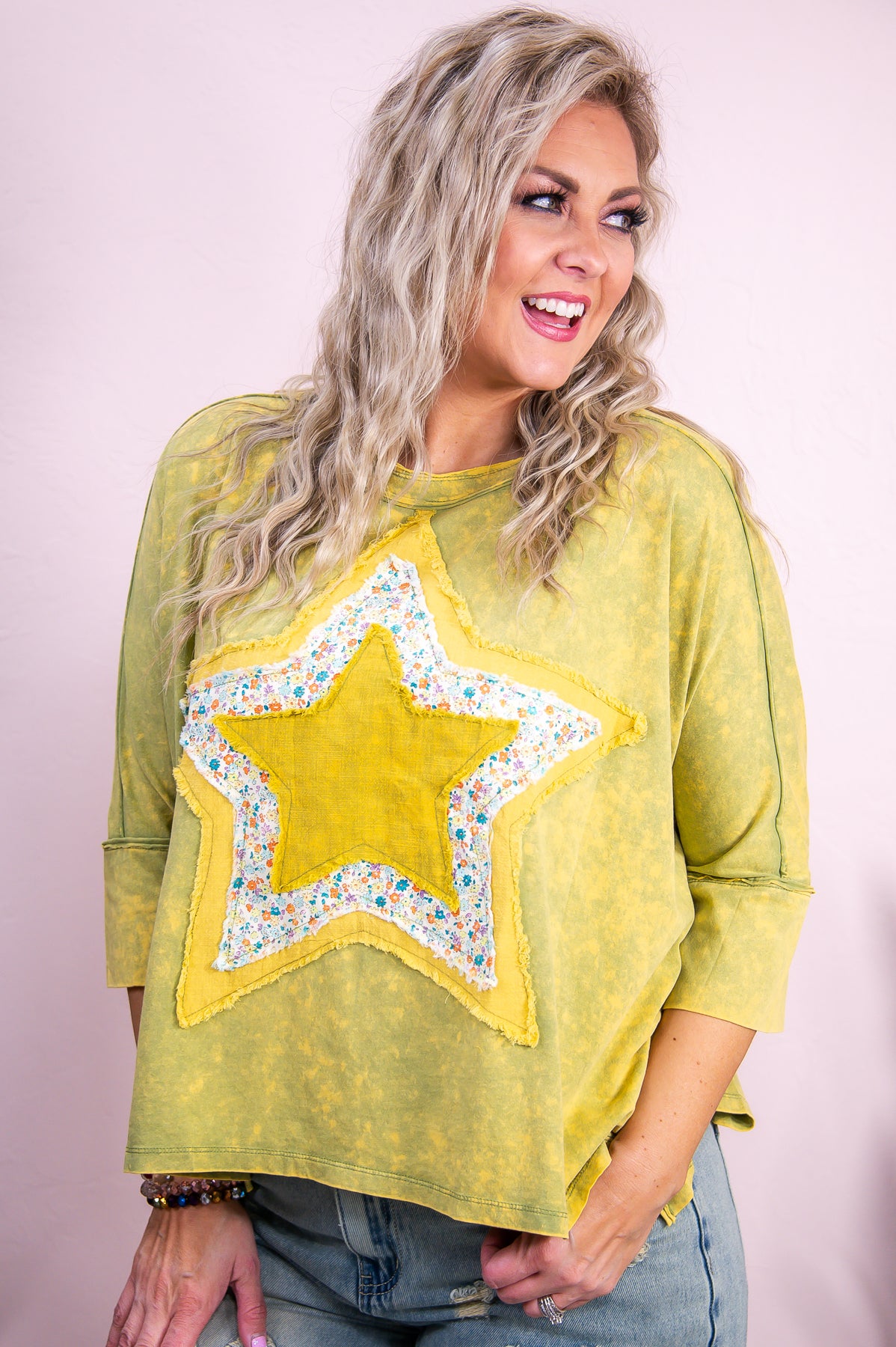 Ready To Shine Olive/Multi Color Floral/Star Patchwork Top - T9261OL