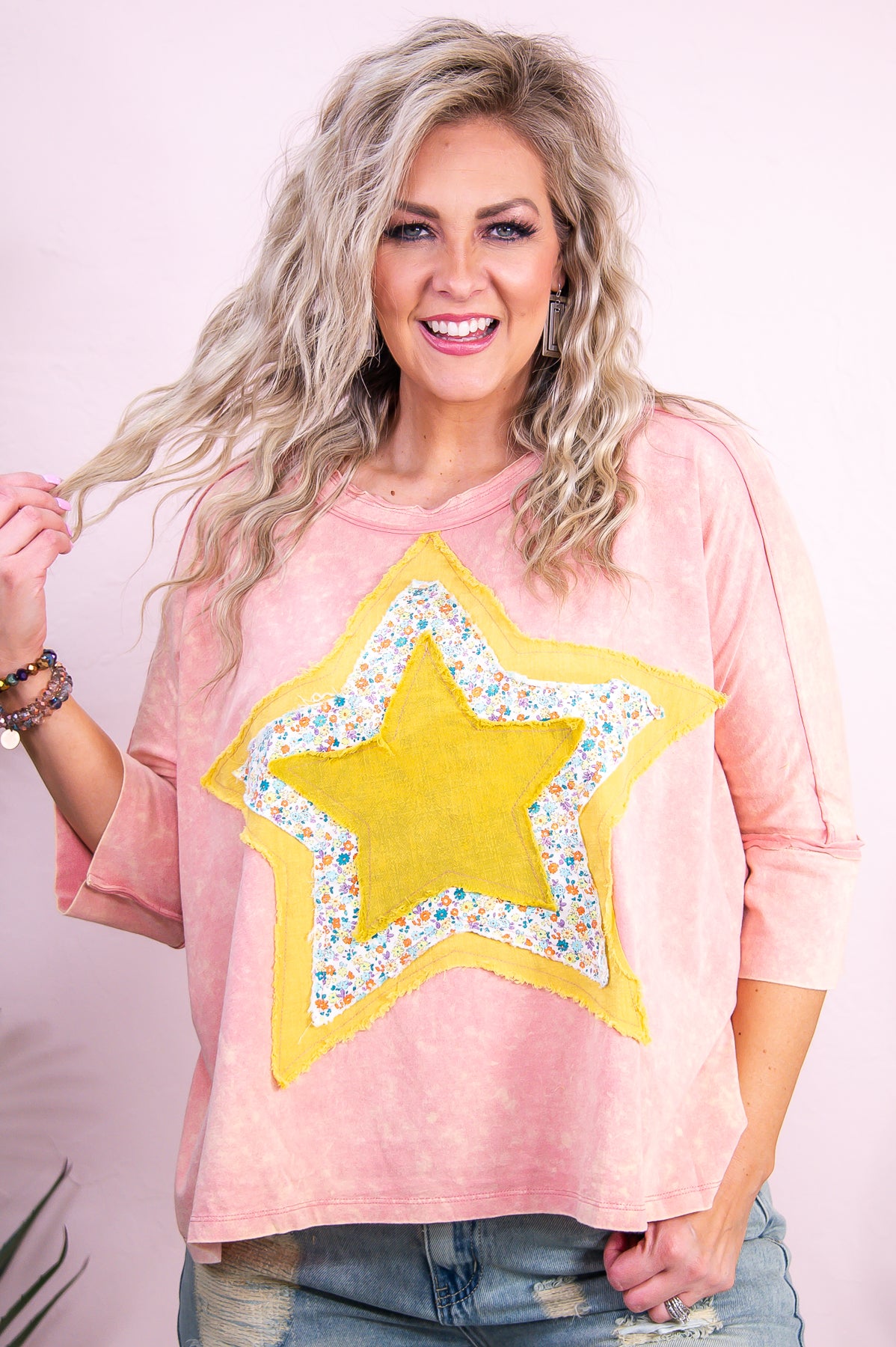 Ready To Shine Peach/Multi Color Floral/Star Patchwork Top - T9262PE