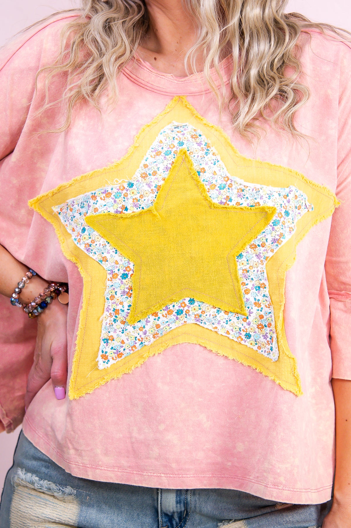 Ready To Shine Peach/Multi Color Floral/Star Patchwork Top - T9262PE