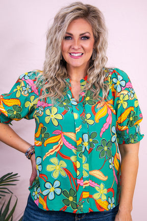 Listening To The Flowers Talk Kelly Green/Multi Color Floral V Neck Top - T9250KGN