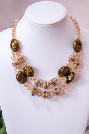 Brown/Gold Crystal Beaded Double Layered Necklace - NEK4231BR