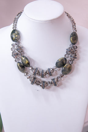 Charcoal Gray/Gold Crystal Beaded Double Layered Necklace - NEK4230CG