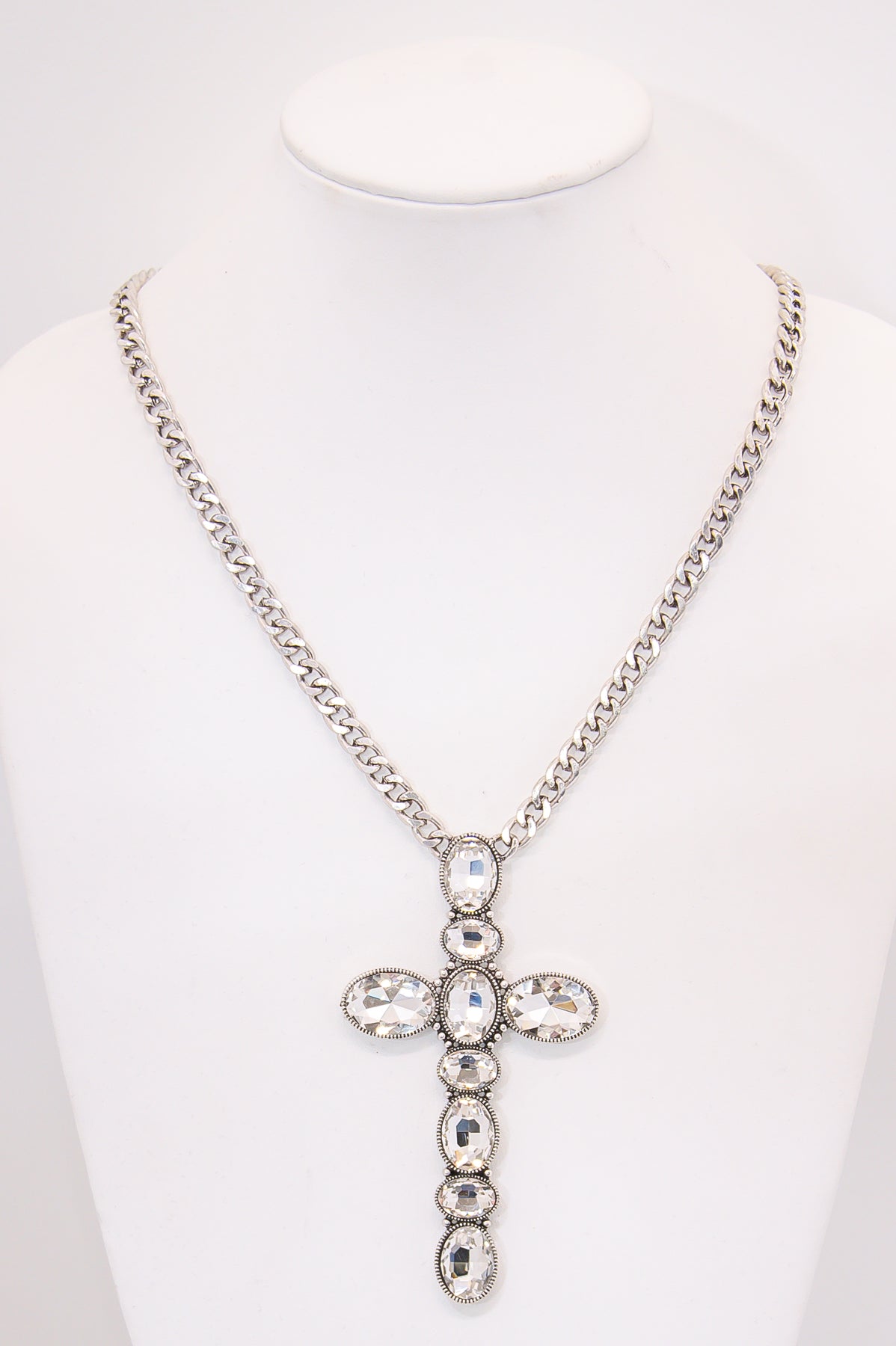 Silver Bling Chain Cross Statement Necklace - NEK4301SI