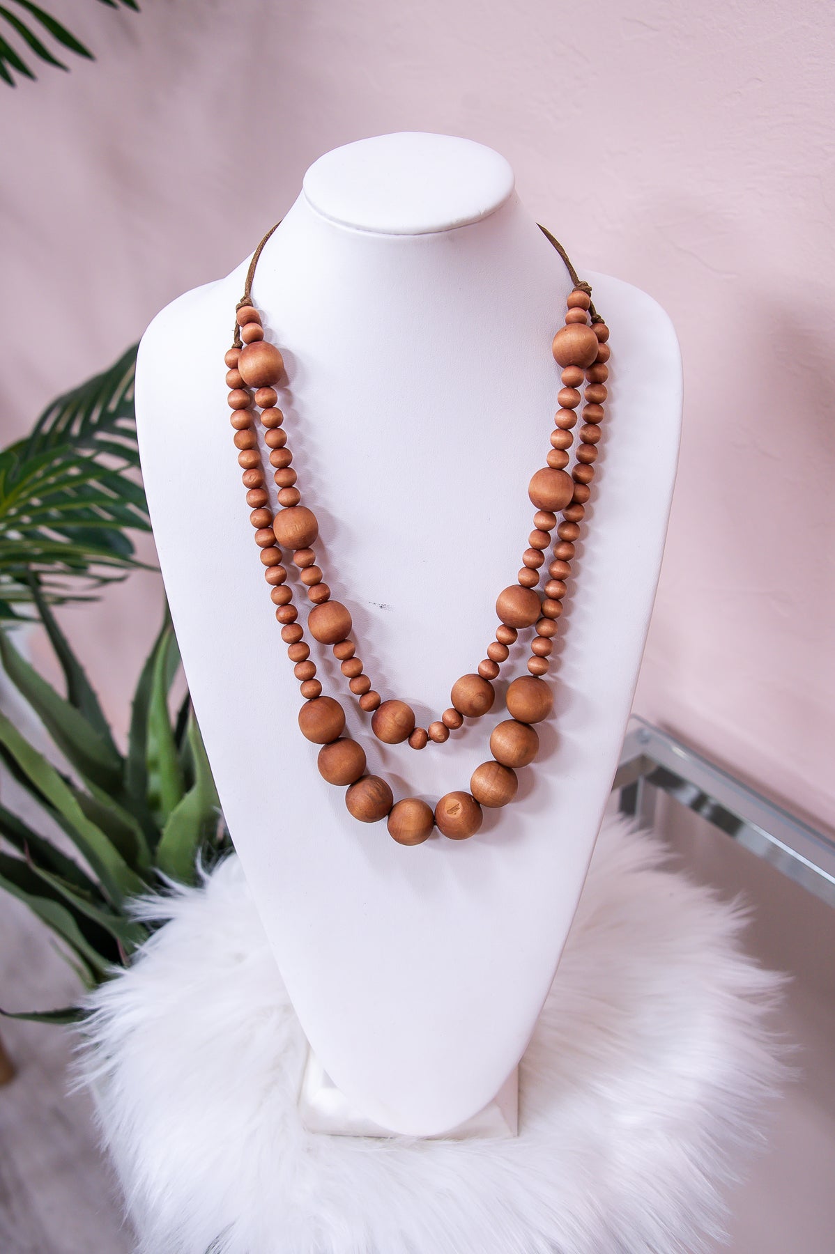 Brown Wooden Beaded Double Layered Necklace - NEK4233BR