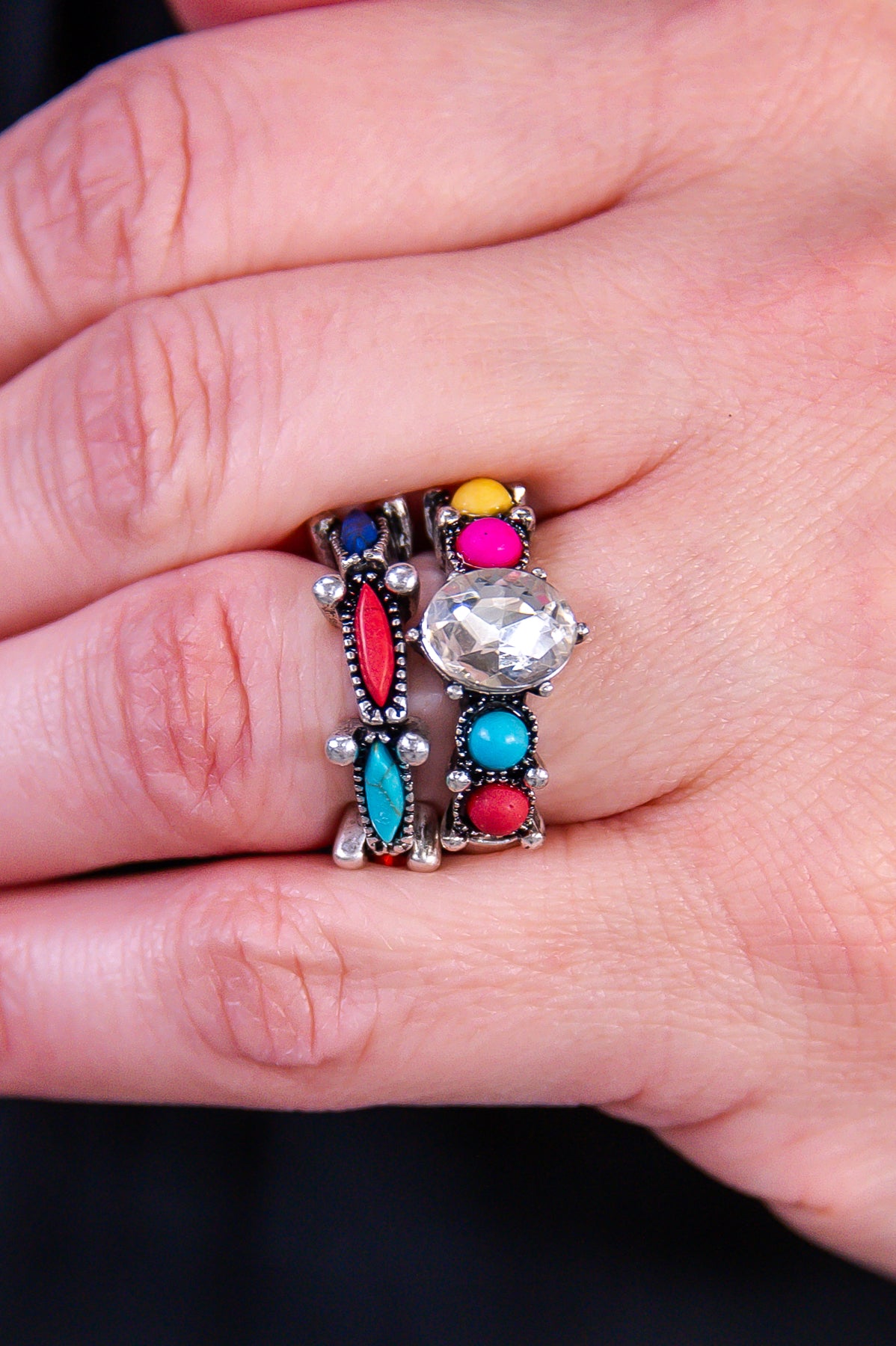 Multi Color/Silver Stone/Bling Stretch Rings (2-Piece Set) - RNG1107MU