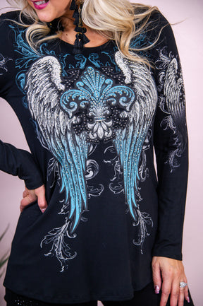 Spread Your Wings Black/Turquoise Bling Angel Wings Top - T8539BK