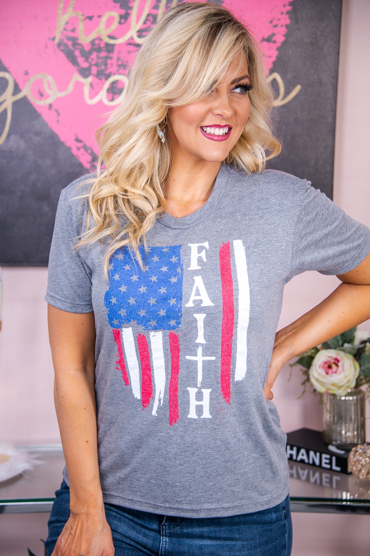 Faith Premium Heather Gray American Flag Graphic Tee - A2766PHG