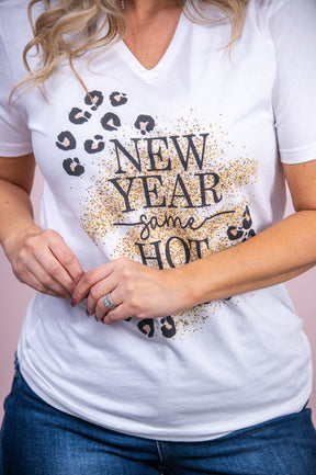 New Year Same Hot Mess White V Neck Graphic Tee - A3083WH
