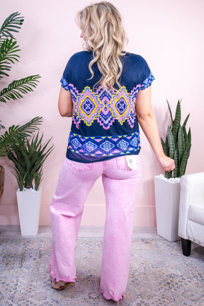 Forming Connections Navy/Multi Color Tribal Sheer Top - T9282NV