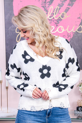 Couldn't Be Cuter Beige/Black Floral Distressed Sweater Top - T7889BG