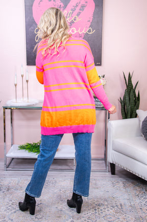 Reminiscing Fun Times Pink/Orange Striped Knitted Cardigan - O4964PK
