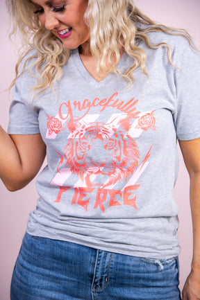 Gracefully Fierce Heather Gray V Neck Graphic Tee - A3088HGR