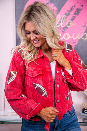 This Girl Loves Football Red/Multi Color Sequin Corduroy Jacket - O4971RD