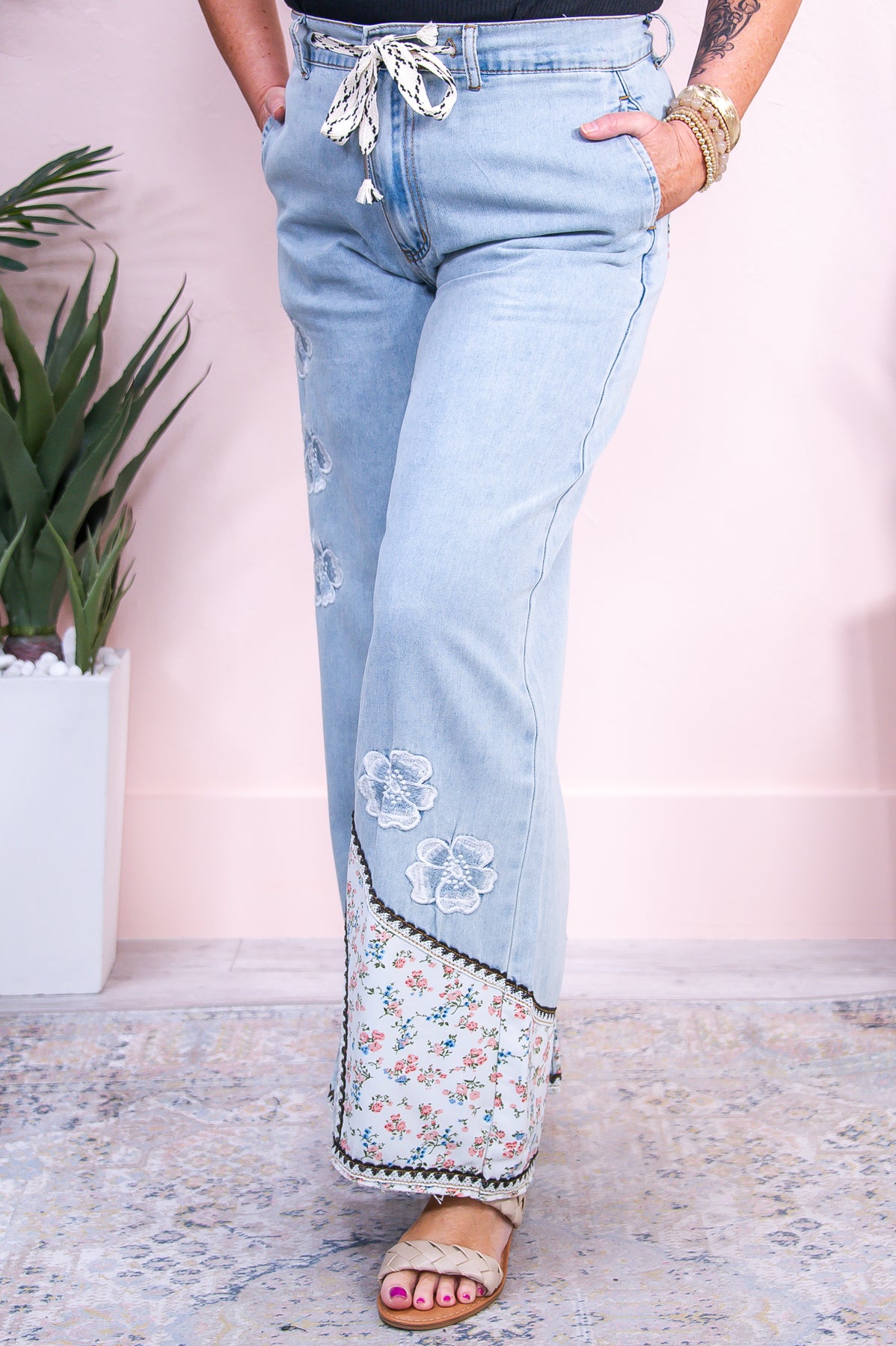 Be A Wildflower Light Denim Floral Embroidered Patchwork Jeans - K1131DN