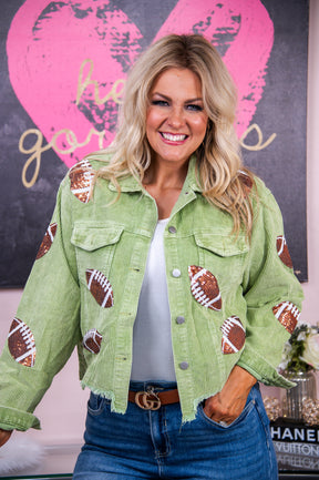 This Girl Loves Football Green/Multi Color Sequin Corduroy Jacket - O4972GN