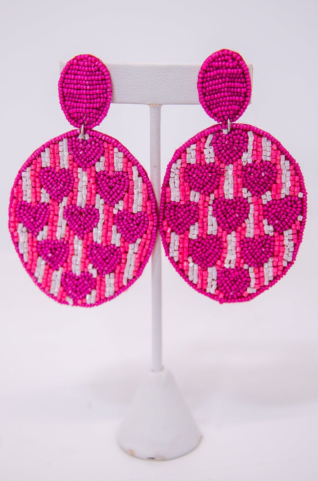 Pink/White/Fuchsia Heart/Striped Seed Bead Oval Earrings - EAR4209PK