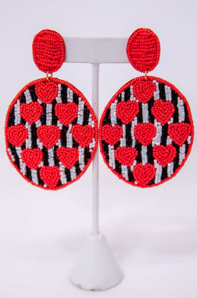Red/Black/White Heart/Striped Seed Bead Oval Earrings - EAR4208RD