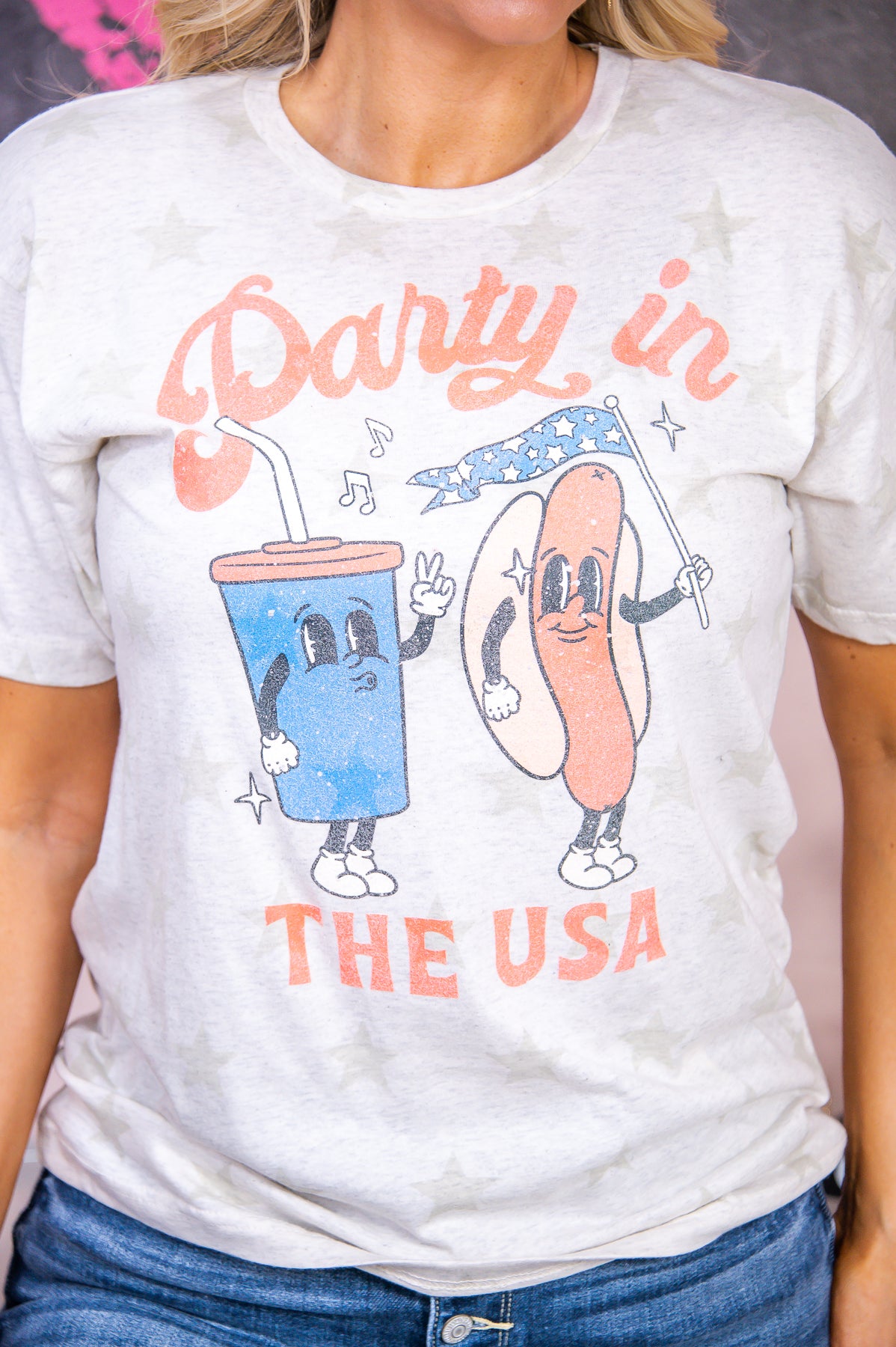 Party In The USA Natural Heather Star Graphic Tee - A2782NHS
