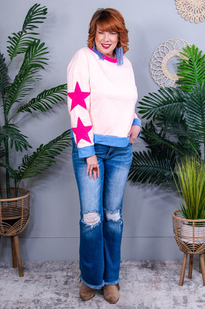 Reaching For The Stars Light Pink Star Patchwork Oversized Sweatshirt Top - T10977PK