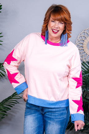 Reaching For The Stars Light Pink Star Patchwork Oversized Sweatshirt Top - T10977PK