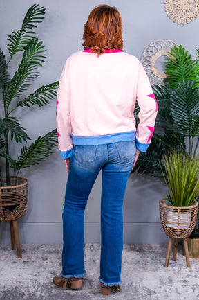 Reaching For The Stars Light Pink Star Patchwork Oversized Sweatshirt Top - T10977PK