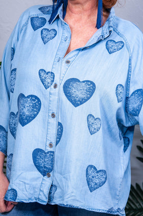 Our Hearts Are One Medium/Dark Denim Heart Printed Top - T10807DN