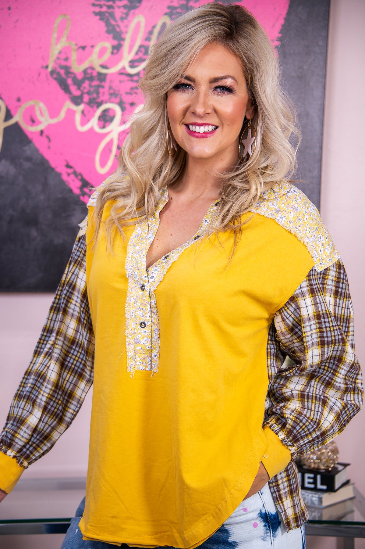 Own Your Moment Yellow/Multi Color Floral/Plaid Top - T7941YE
