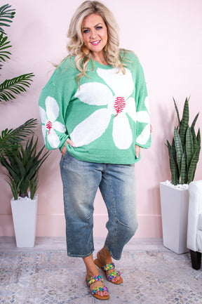 Blooming Into New Love Green/White Floral Knitted Top - T9315GR