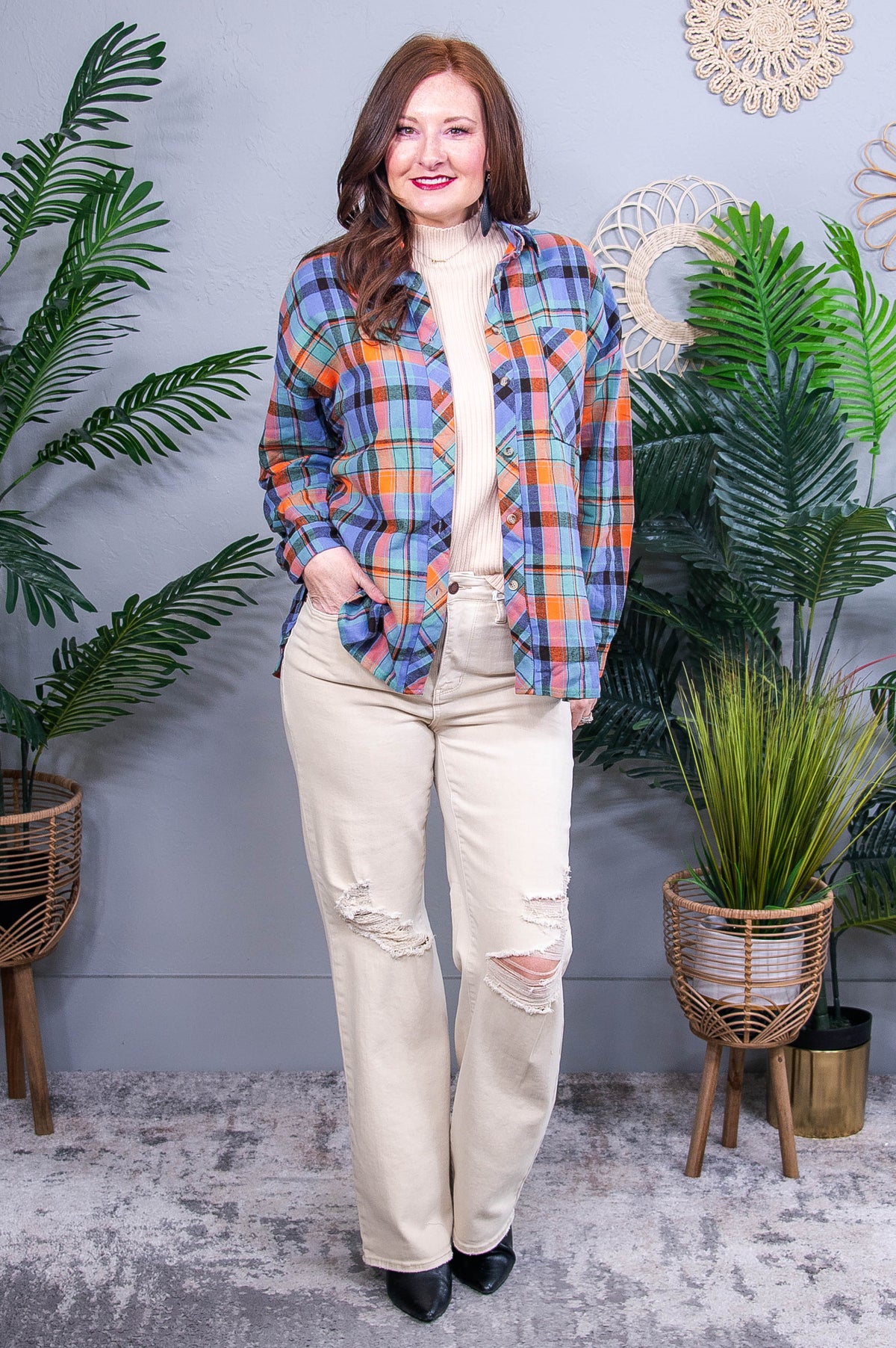 The Seasons Are Changing Orange Plaid Print Loose Vintage Top - T10978OR