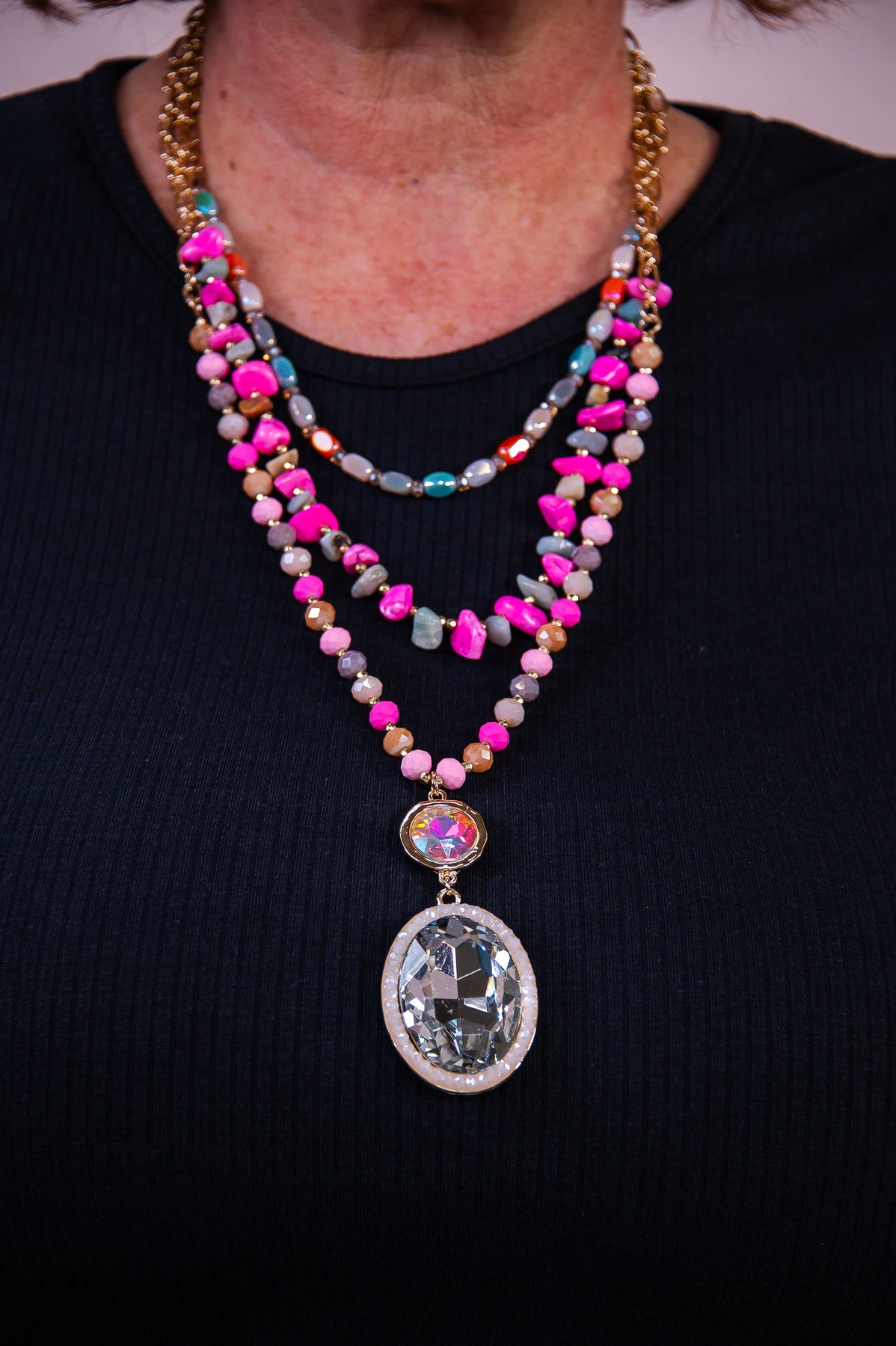 Pink/Multi Color Stone/Bead Layered Pendant Necklace - NEK4302PK