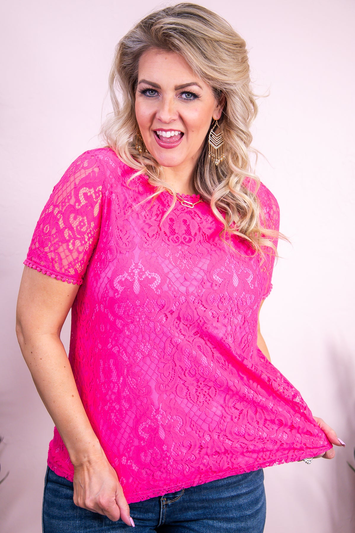The Wait Is Over Hot Pink Solid Floral Lace Top - T9345HPK