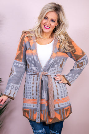 Live Where You Love It Gray/Orange Tribal Knitted Cardigan - O5210GR