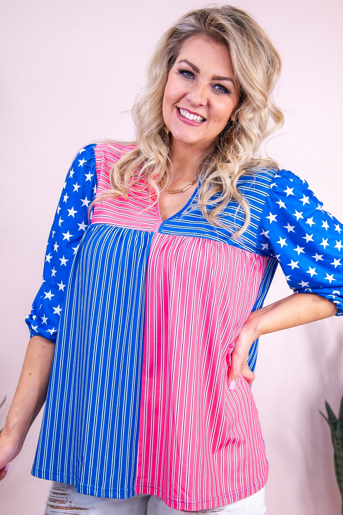 See You Around Blue/Pink/White Stars/Striped Top - T9348BL