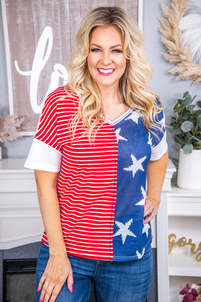 Patriotic Queen Red/Multi Color Star/Striped Top - T7228RD