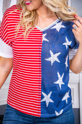Patriotic Queen Red/Multi Color Star/Striped Top - T7228RD