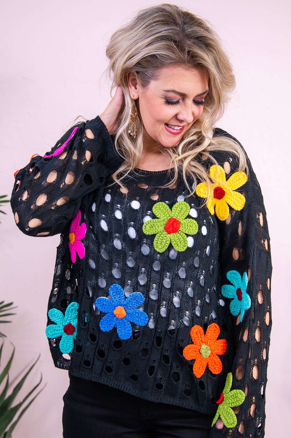 Let's Root For Each Other Black/Multi Color Floral Knitted Top - T9335BK