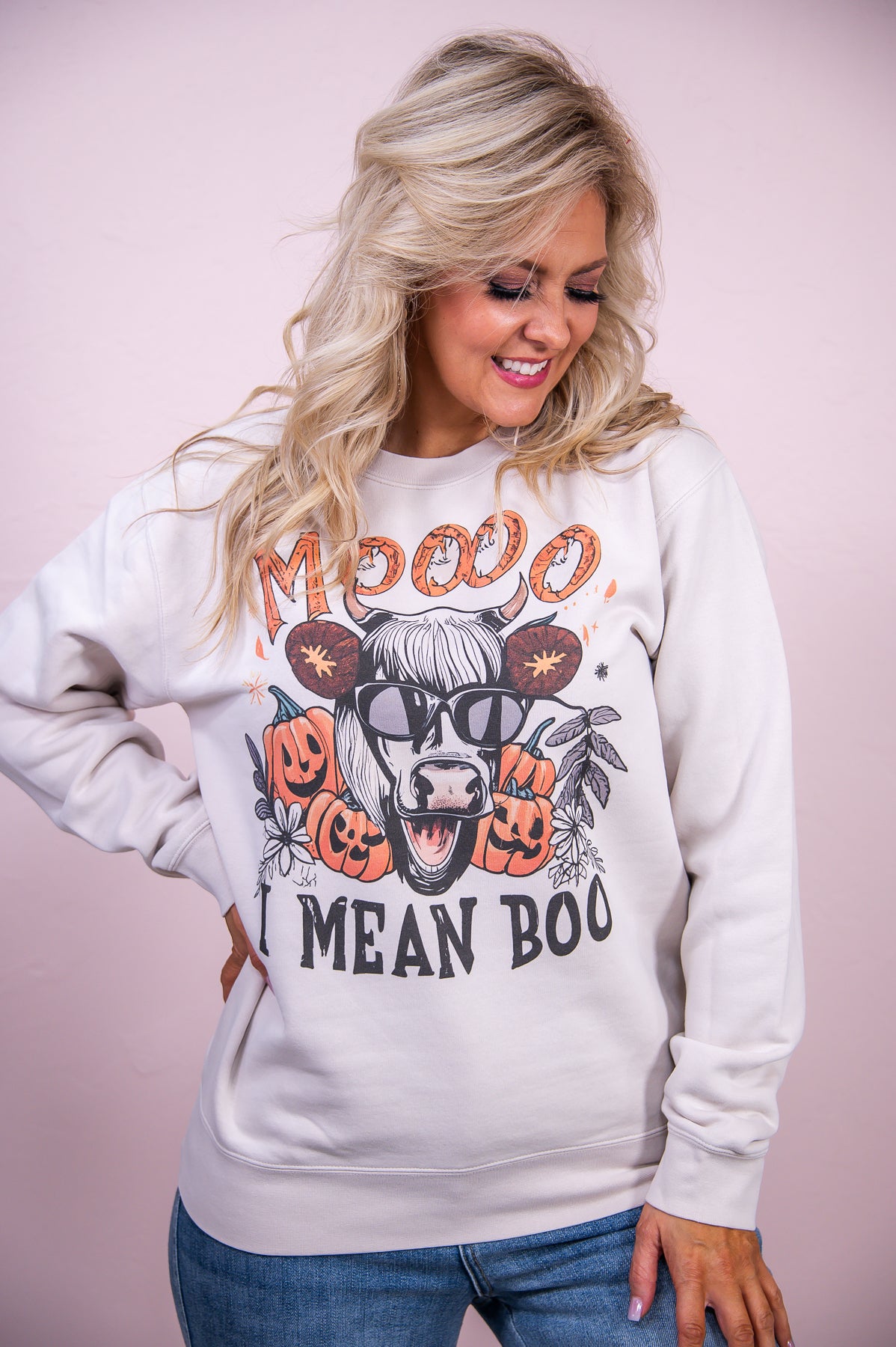 Moo I Mean Boo Pigment Ivory Graphic Sweatshirt - A2974PIV