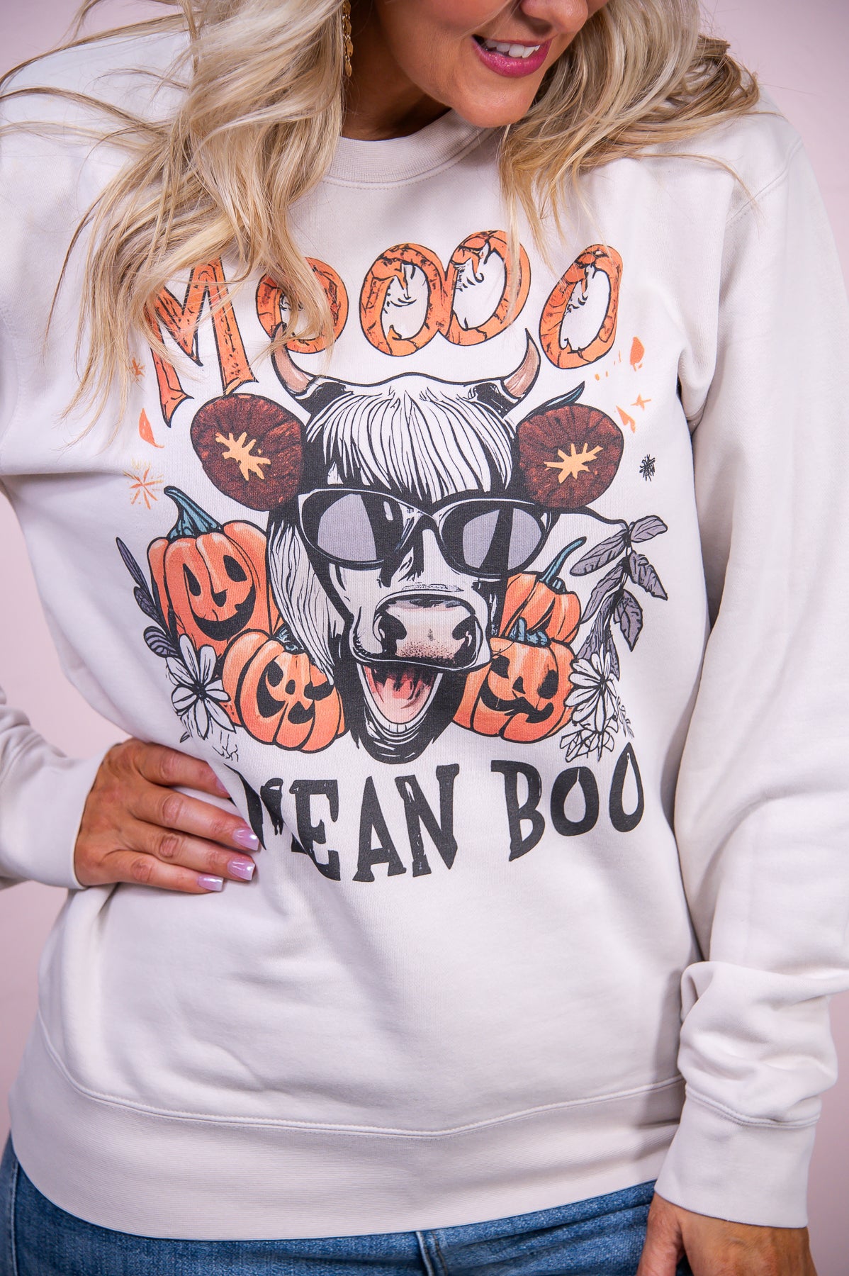 Moo I Mean Boo Pigment Ivory Graphic Sweatshirt - A2974PIV