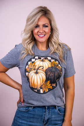 Harvest Time Is In The Air Premium Heather Gray Checkered Pumpkin Graphic Tee - A2973PHG