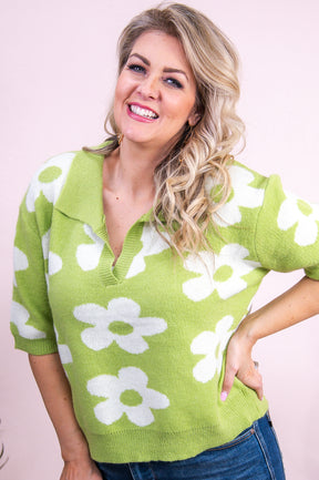 Cue The Shine Lime/White Floral Knitted Top - T9334LM