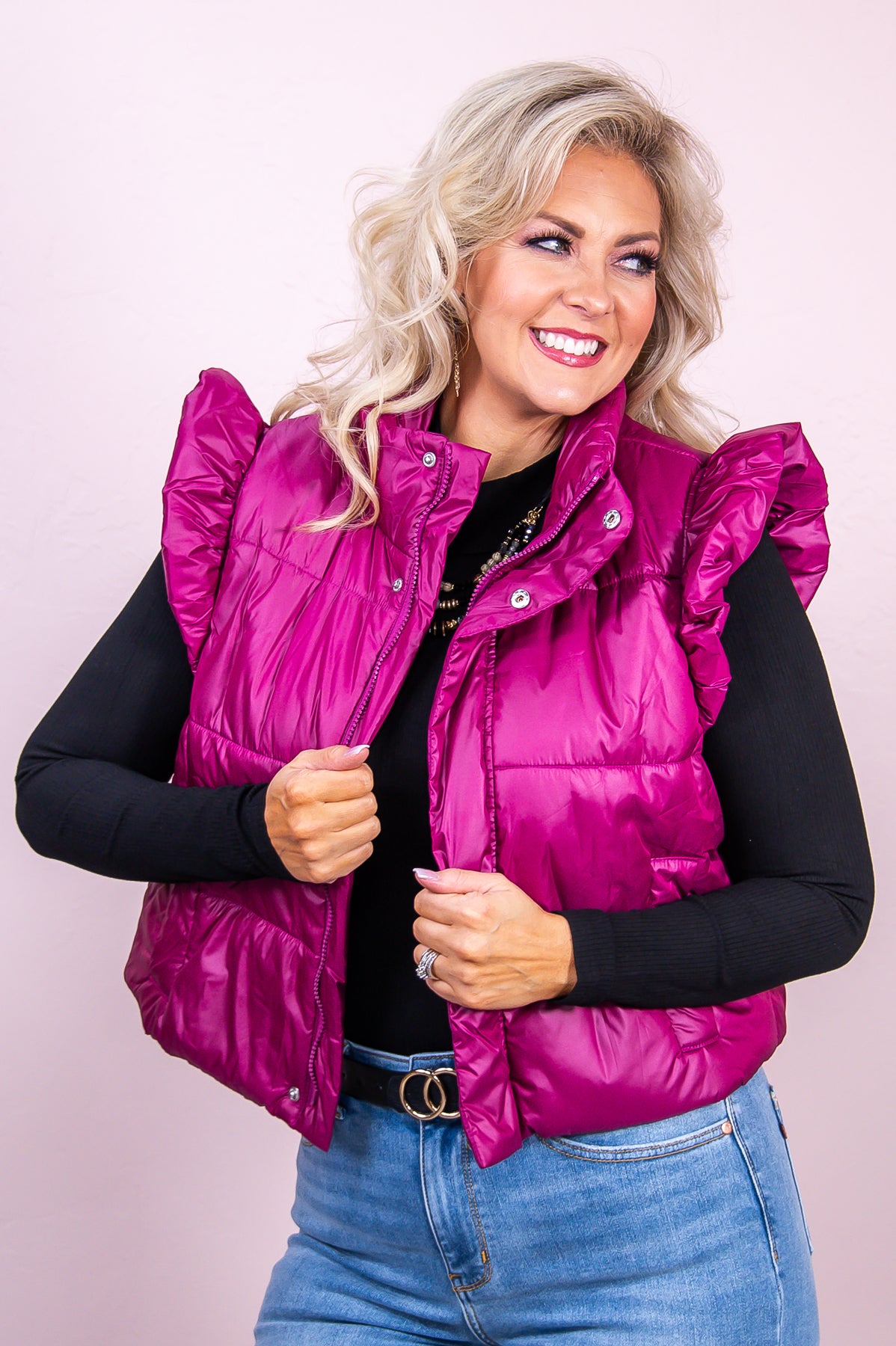 Let's Go To The Snow Dark Magenta Solid Puffer Vest - O4981DMG
