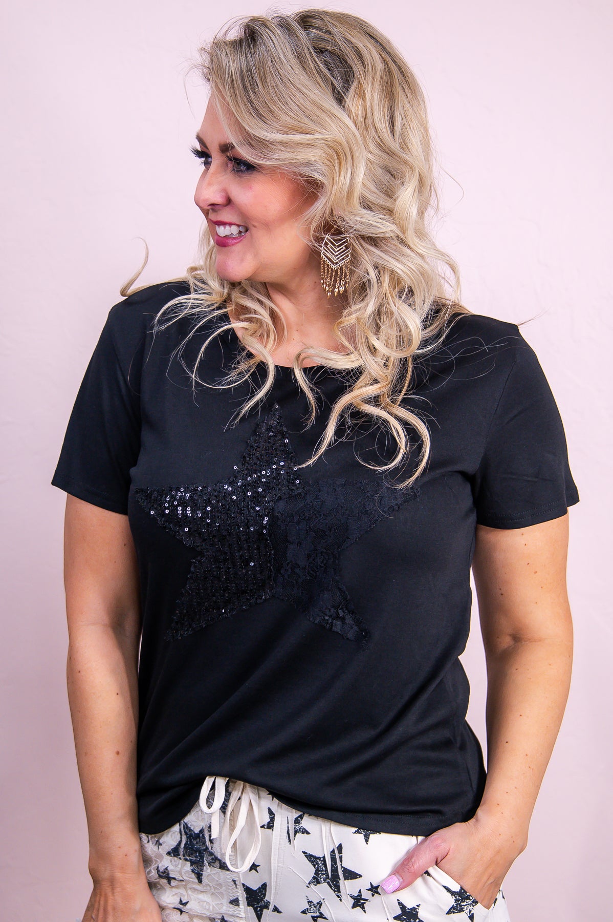 Stars In Your Eyes Black Solid Floral Lace/Sequin Star Top - T9333BK