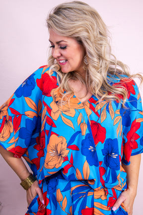 Look On The Bright Side Blue/Multi Color Floral Top - T9336BL