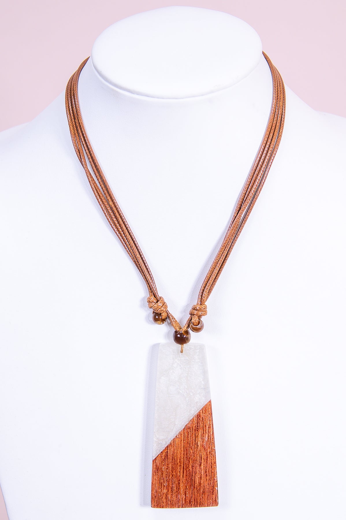 White/Brown Rectangle Wood/Resin Pendant Necklace - NEK4314WH