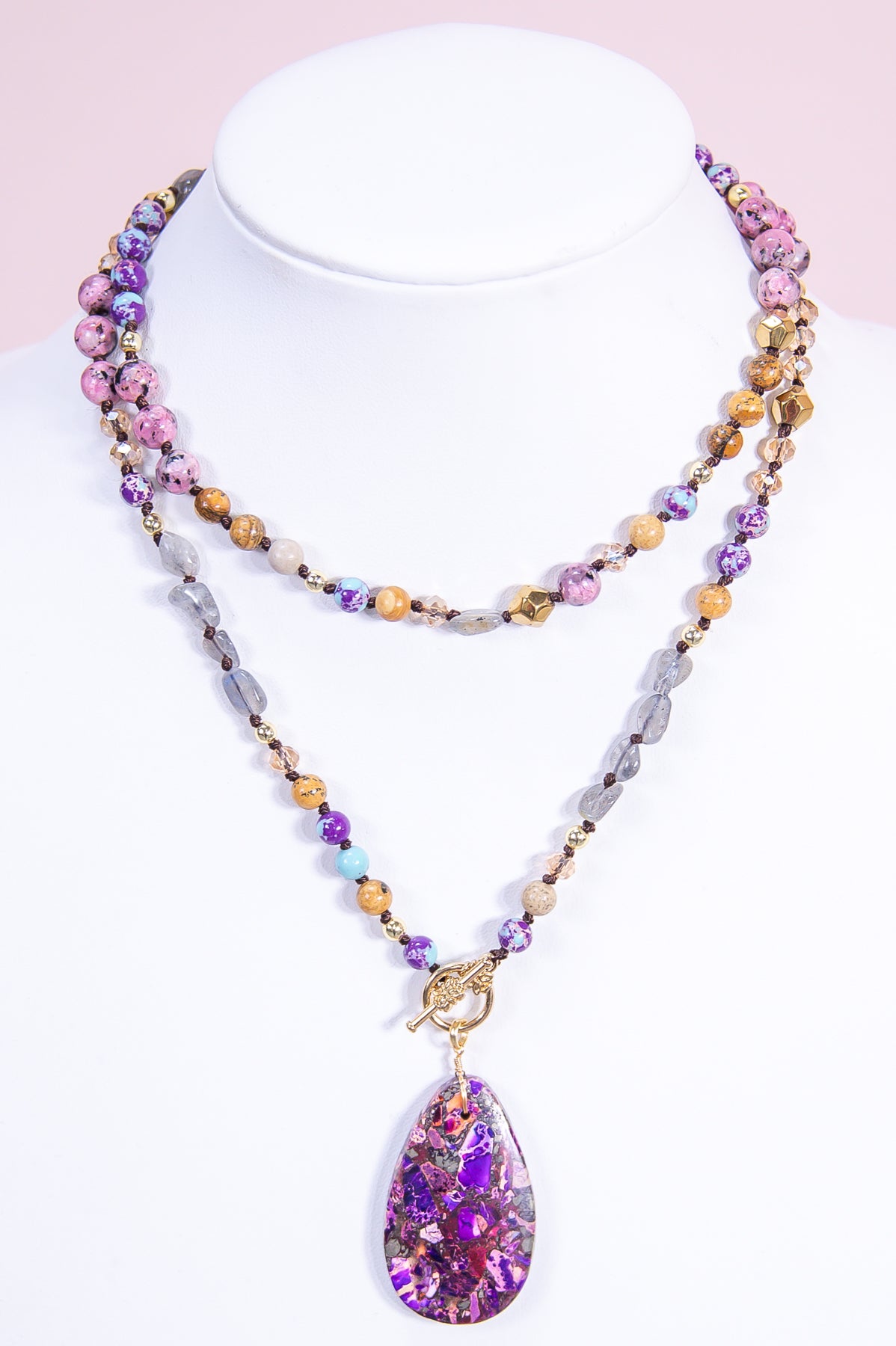 Purple/Multi Color Beaded Pendant Necklace - NEK4309PU