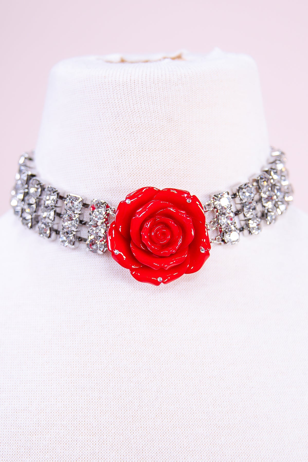 Red/Silver/Clear Floral Bling Choker Necklace - NEK4311RD