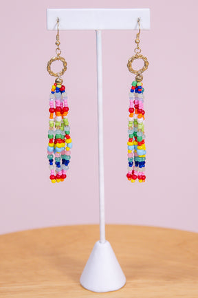 Gold/Multi Color Circle/Seed Bead Tassel Drop Earrings - EAR4285MU