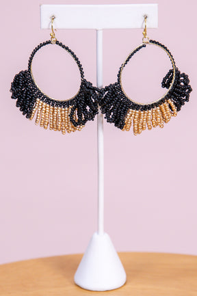 Black/Gold Seed Bead Hoop Earrings - EAR4296BK